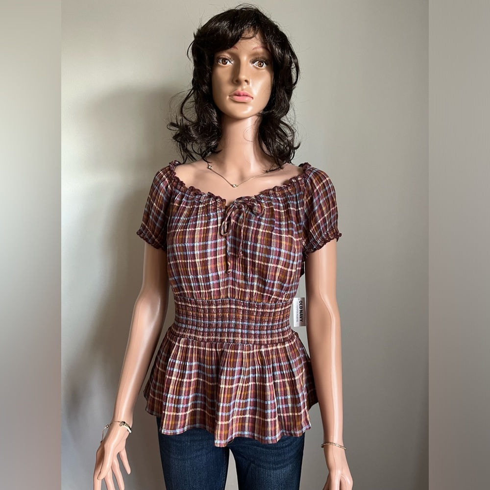 NWT Brown Plaid Smock Waist Top